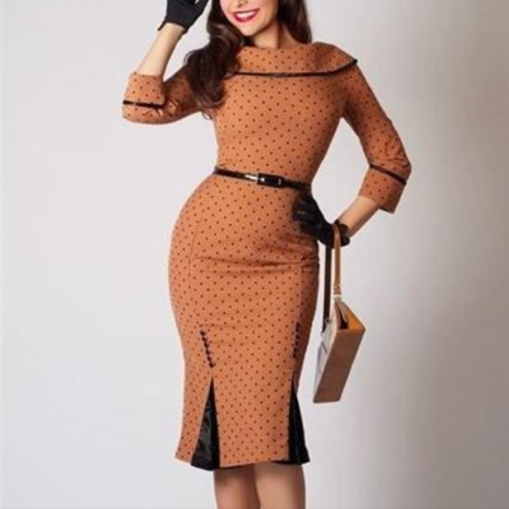 Elegant Tan Polka Dot Midi Dress